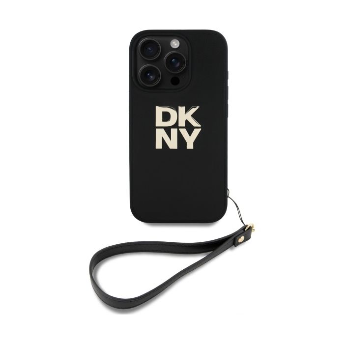 DKNY PU Leather Stack Logo Wrist Strap iPhone 16 Pro čierne