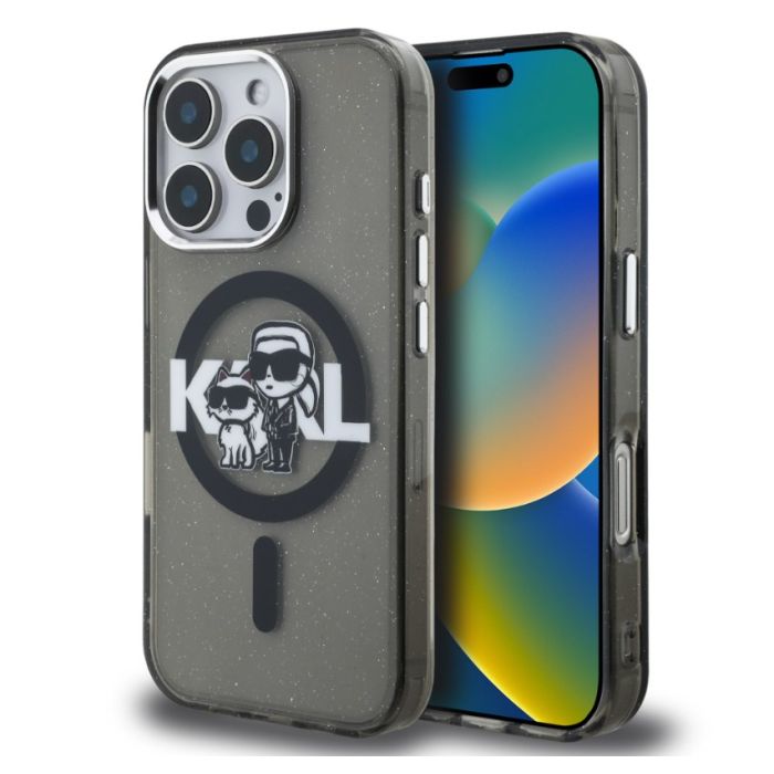 Obal Karl Lagerfeld IML Glitter Karl and Choupette Sketch MagSafe Apple iPhone 16 Pro Max KLHMP16XHGKCGKBK čierny