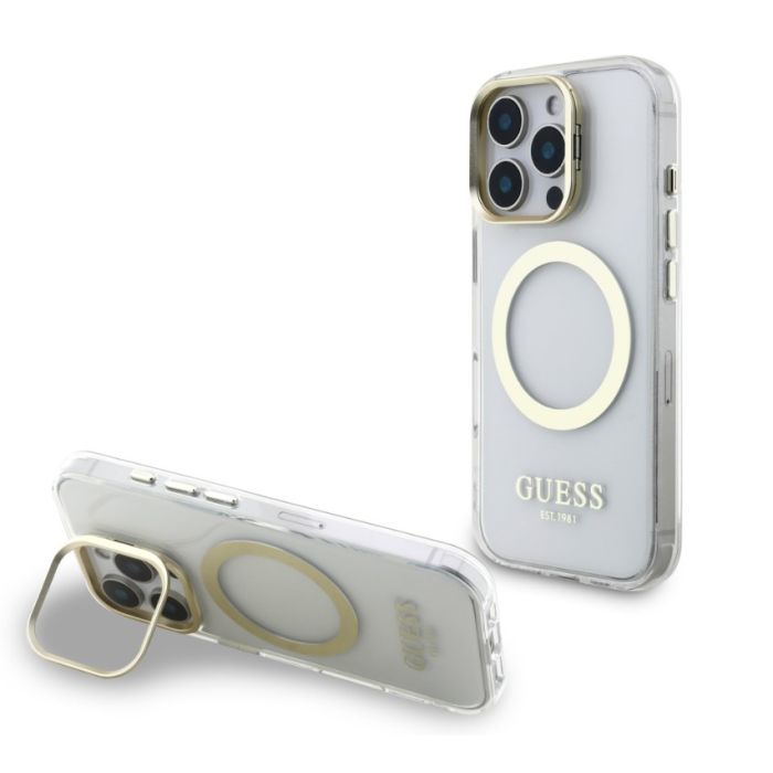 Obal Guess IML Gold Outline Stand Camera Frame MagSafe Apple iPhone 15 Pro Max GUHMP15XHTRMSFD transparentný