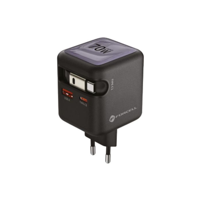 FORCELL F-ENERGY GaN III VT-R7 travel charger with retractable cable Type C and 1x Type C, 1x USB A charging ports PD QC4.0 3A 70W gray