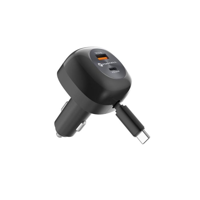 FORCELL F-ENERGY Alu car charger with retractable cable Type C and Type C  Plus USB A sockets PD QC4.0 SFC2.0 3A 75W black