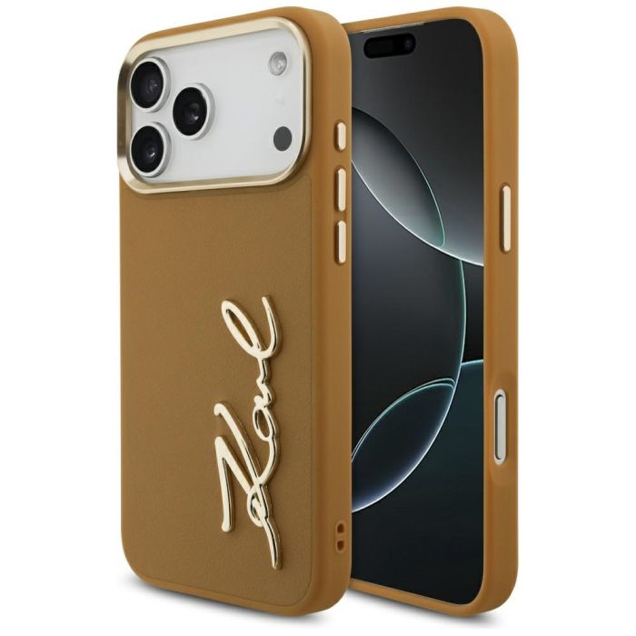 Karl Lagerfeld PU leather Karl script logo and metal camera buttons for iPhone 17 Pro Max brown