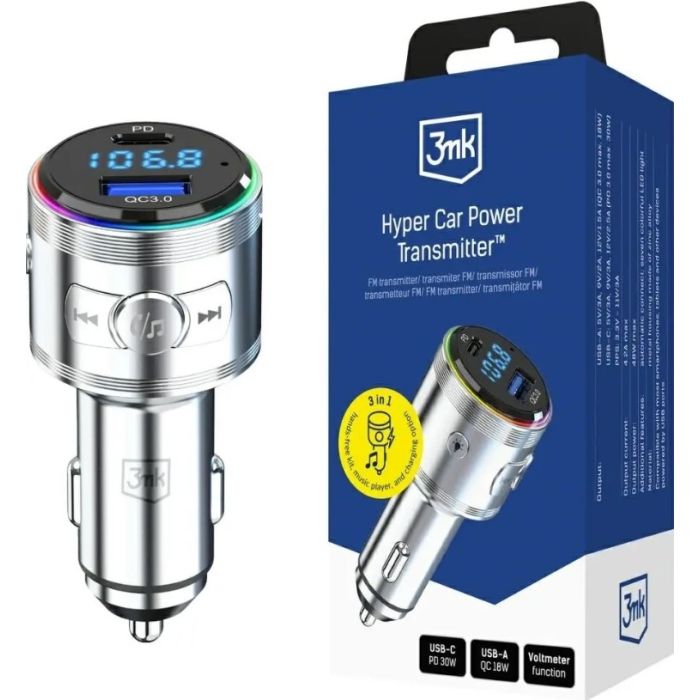 3mk Hyper Car Power FM Transmitter, 48W QC PP USB-A/USB-C, strieborný