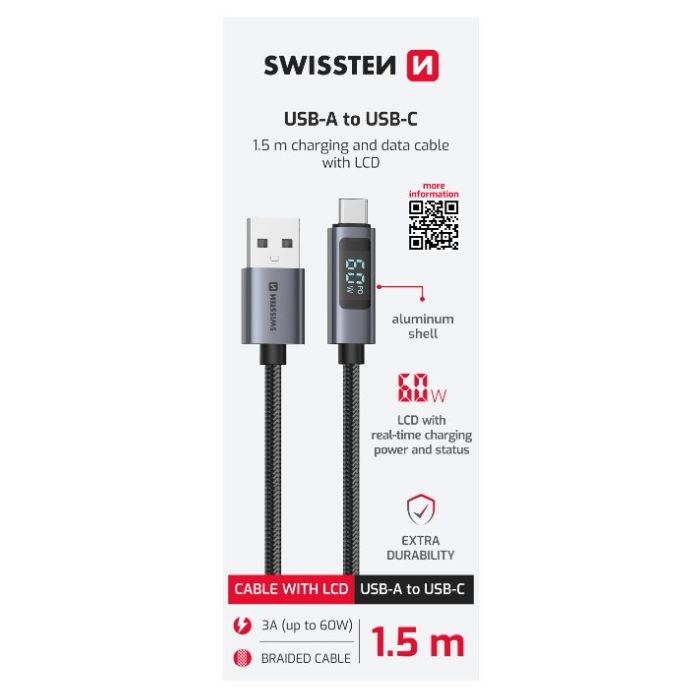 Swissten LCD kábel, USB-A/USB-C 60W, 3A, 1.5m, čierny