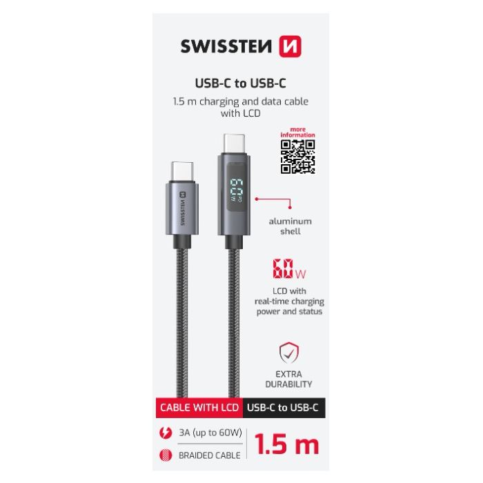 Swissten LCD kábel, USB-C/USB-C 60W, 3A, 1.5m, čierny