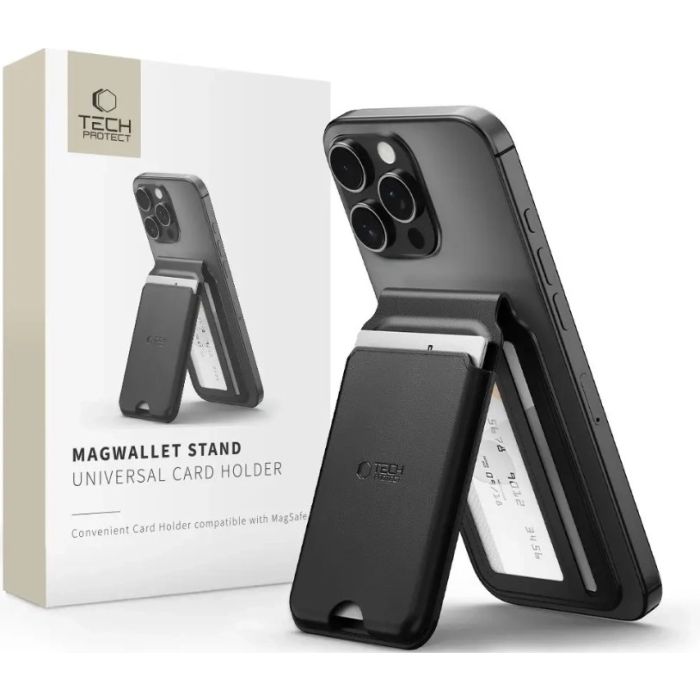 Tech-Protect MagWallet Stand MagSafe, čierny - magnetické puzdro na karty a stojan