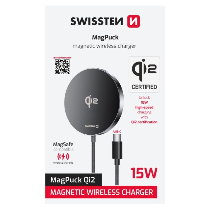 SWISSTEN MagPuck Qi2, bezdrôtová nabíjačka, 15W, 1.5m (MagSafe kompatibilná), čierna