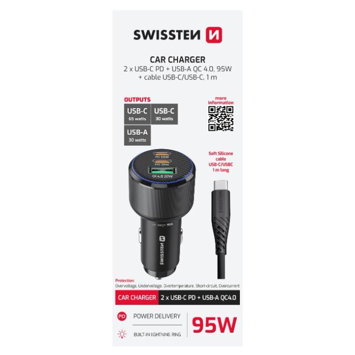 SWISSTEN CL adaptér 95W, 2xUSB-C PD, 1xUSB-A + kábel USB-C, čierny