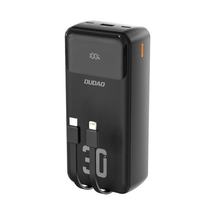 Dudao K15 Max Powerbank, 30000mAh PD 22.5W, vstavané káble USB-C/Lightning, čierna