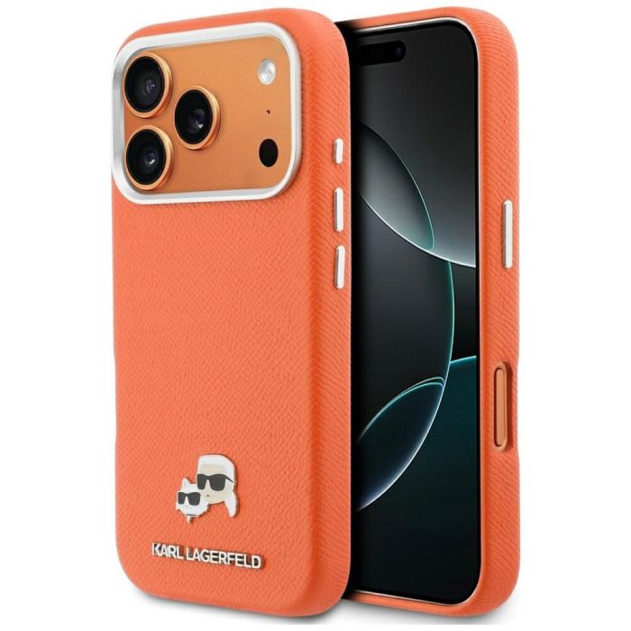 Obal Karl Lagerfeld PU Karl and Choupette Heads Pins MagSafe Apple iPhone 17 Pro KLHMP17L6PFKCLO oranžový