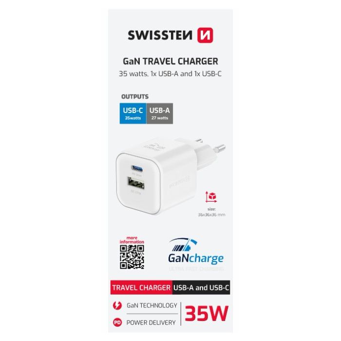 SWISSTEN Adaptér GaN 1x USB-C 35W + USB-A 27W biely