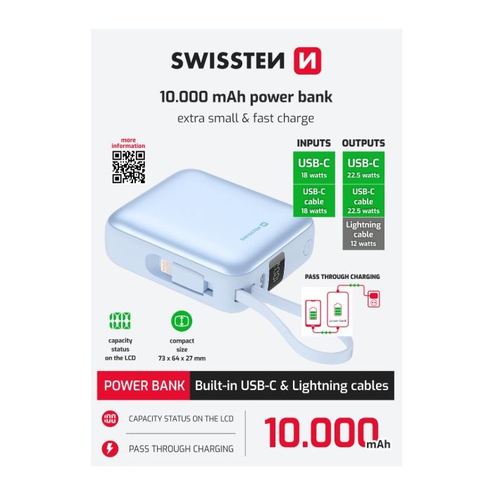Swissten Space PowerBank 10000 mAh, 22.5W integrované káble (USB-C, Lighting), modrá