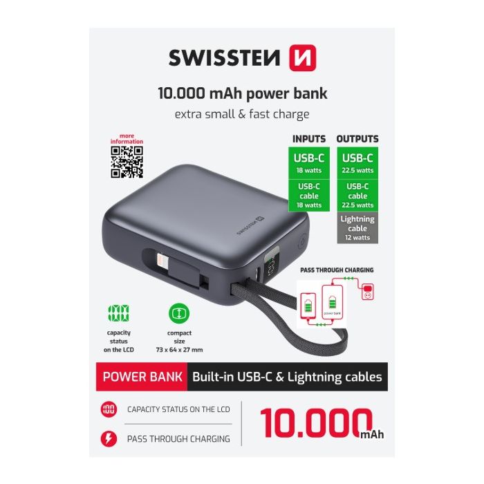 Swissten Space PowerBank 10000 mAh, 22.5W integrované káble (USB-C, Lighting), strieborná