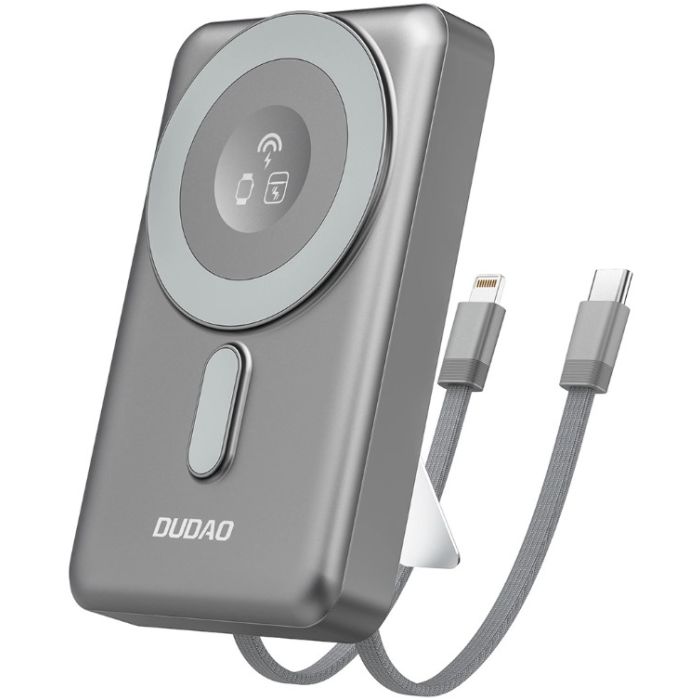 Dudao K29 PD MagSafe, 20W 10000mAh, stojan + vstavané káble, šedá