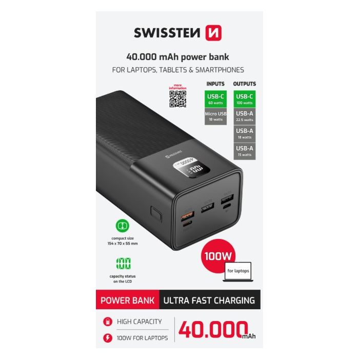 SWISSTEN Power Line Powerbank 40000mAh 100W čierna