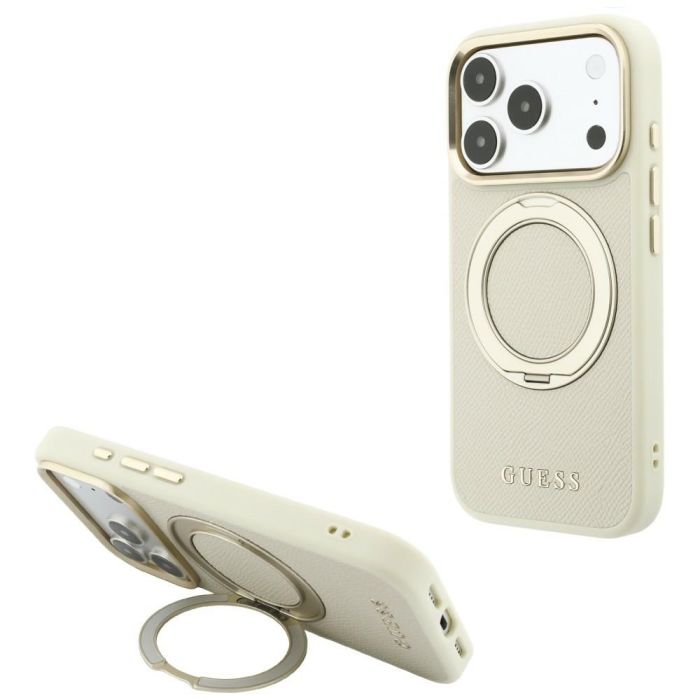 Obal Guess Ring Stand 360 Grained Classic Logo MagSafe Apple iPhone 17 Pro Max/18 Pro Max béžový