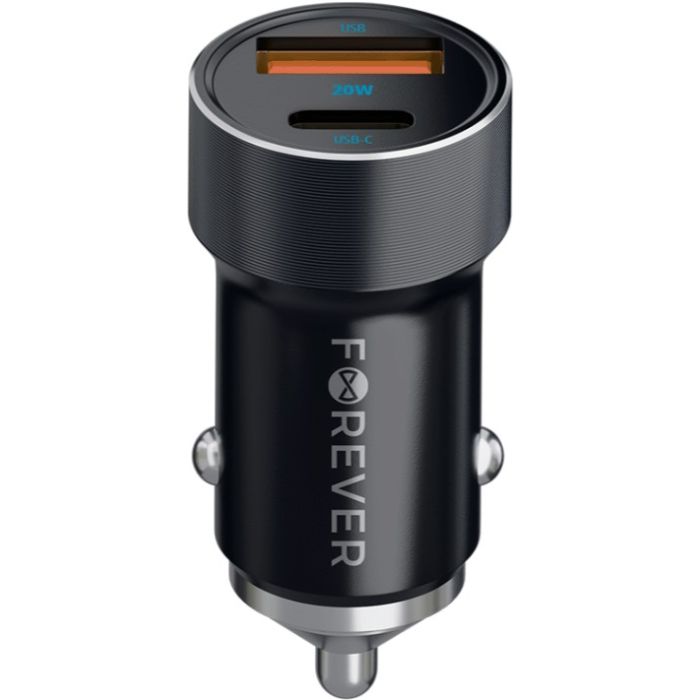 Forever CC-06 PD QC car charger 1xUSB-C 1xUSB-A 20W black + USB-C/USB-C cable 60W