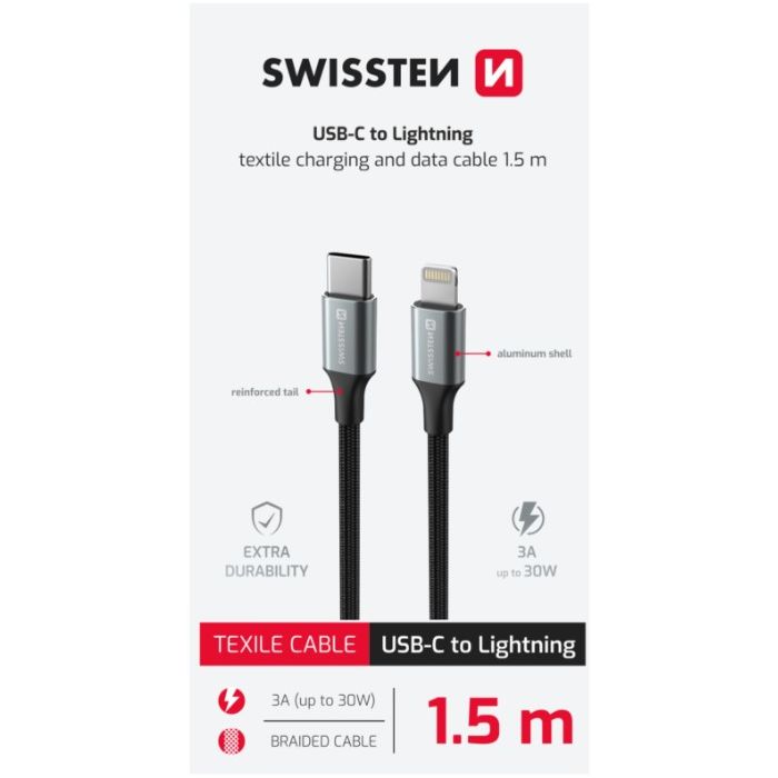 SWISSTEN TEXTILE II USB-C/Lightning 30W 3A 1,5m čierny