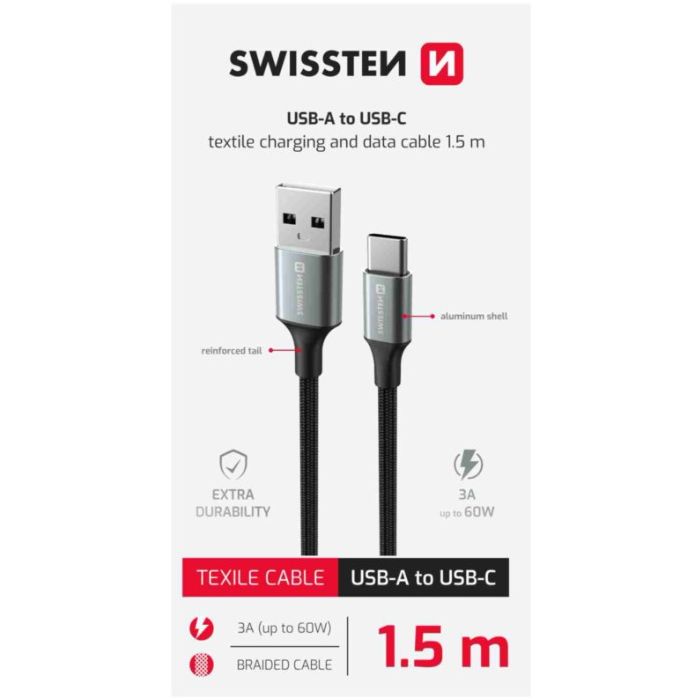 SWISSTEN TEXTILE II USB-A/USB-C 60W 3A 1,5m čierny