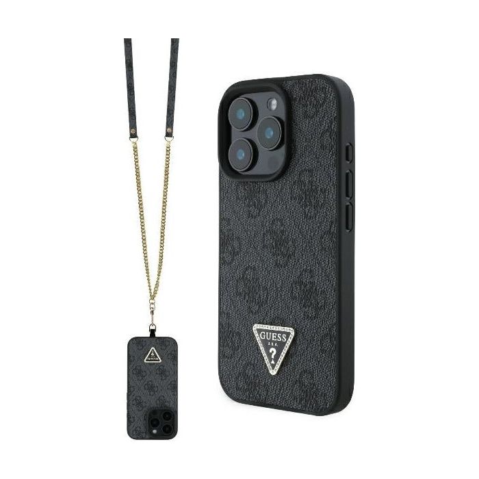 Guess PU 4G Strass Triangle Metal Logo + Crossbody Apple iPhone 16 Pro Max GUHCP16XP4TDSCPK Black