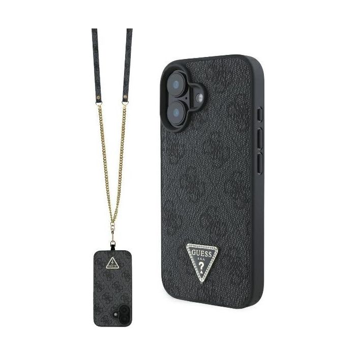 Guess PU 4G Strass Triangle Metal Logo + Crossbody Apple iPhone 16 GUHCP16SP4TDSCPK Black